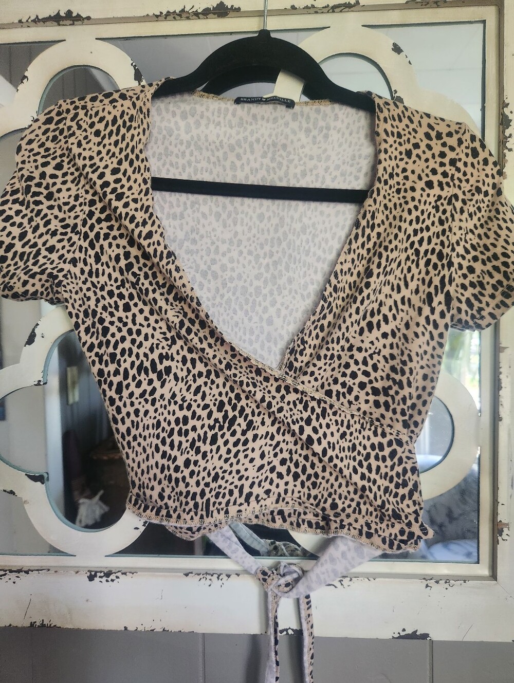 Brandy Melville - Leopard Print Short Sleeve Top - Beige/Black